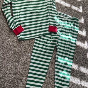 Hanna Andersson Green and White Striped Pajama Set with Red Cuffs men Christmas